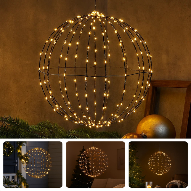 Cheqo® Verlichte Bal Voor Buiten - Warm Wit LED-Licht - Kerstbal LED - Kerstfiguur - Kerstverlichting Voor Buiten - 260 LED Lampjes - Timerfunctie - Stevig Zwart Metaal - Moderne Uitstraling - Tuinverlichting - Sfeerverlichting