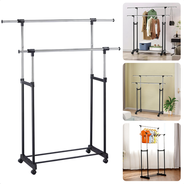 Cheqo® Kledingrek - Garderobe Kledingkast - Verstelbaar in Hoogte en Breedte - Dubbele Stangen - Staal - Verrijdbaar