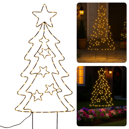 Cheqo® Tuinsteker Kerstboom - 90 LED Lampjes - Extra Warm Wit - Metalen Grondpennen - Werkt Op Batterijen - Automatische Timer - Binnen En Buiten - IP44 Beschermwaarde - Kerst Tuinversiering - Decoratieve Kerstboom - Zwarte Metalen Frame