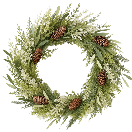 Cheqo® Groene Kerstkrans - Ø40 cm - Dennenappels - Dennentakken - Langwerpige Blaadjes - Natuurlijke Uitstraling - PE Materiaal - Deurdecoratie - Wanddecoratie - Kerstversiering - Sfeervolle Krans - Deurkrans - Kunstkerstkrans