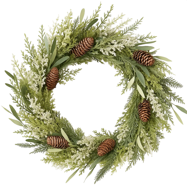 Cheqo® Groene Kerstkrans - Ø40 cm - Dennenappels - Dennentakken - Langwerpige Blaadjes - Natuurlijke Uitstraling - PE Materiaal - Deurdecoratie - Wanddecoratie - Kerstversiering - Sfeervolle Krans - Deurkrans - Kunstkerstkrans