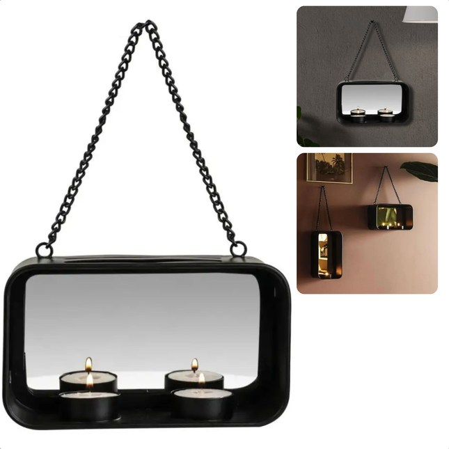 Cheqo® Wand Theelichthouder - Waxinelichthouder met Reflecterend Spiegel Glas - 2 Waxinelichtjes - Moderne Zwarte Metalen Decoratie