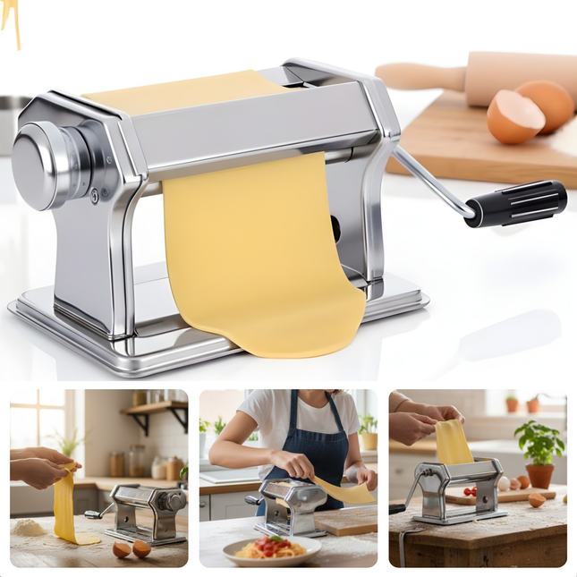 Cheqo® Pasta Machine - Pastamaker - Verse Pasta Maken - Roestvrijstaal - Handmatige Bediening - Tafelklem - Spaghetti Maken - Fettuccine Snijden - Lasagne Vellen - Ravioli Maken - 9 Standen - Pastadikte Instellen - Pastamachine
