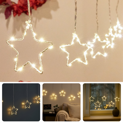 Cheqo® Lichtgordijn Kerststerren - Kerst Lichtgordijn - Licht Gordijn - Warm Wit Licht - 45 LED Lampjes - Automatische Timer - Kerst Ster Verlichting - Kerstverlichting Op Batterijen - Kerstlampjes - Kerstdecoratie - Kertster Verlichting
