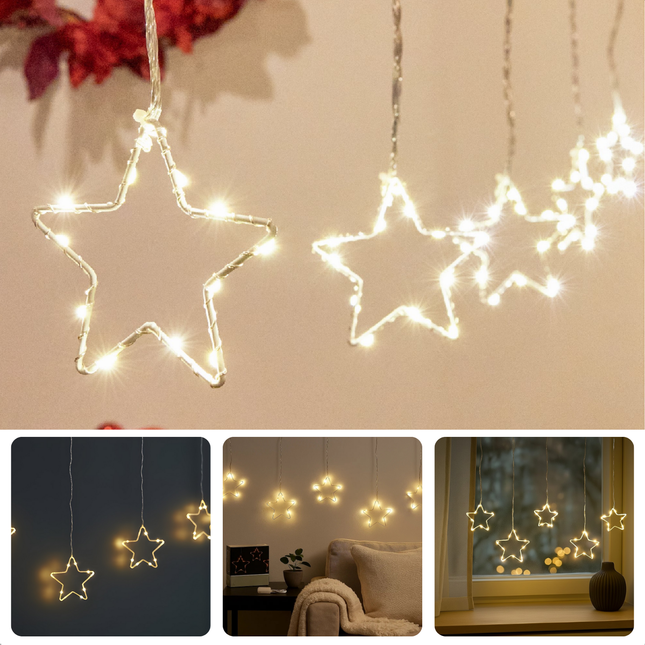 Cheqo® Lichtgordijn Kerststerren - Kerst Lichtgordijn - Licht Gordijn - Warm Wit Licht - 45 LED Lampjes - Automatische Timer - Kerst Ster Verlichting - Kerstverlichting Op Batterijen - Kerstlampjes - Kerstdecoratie - Kertster Verlichting