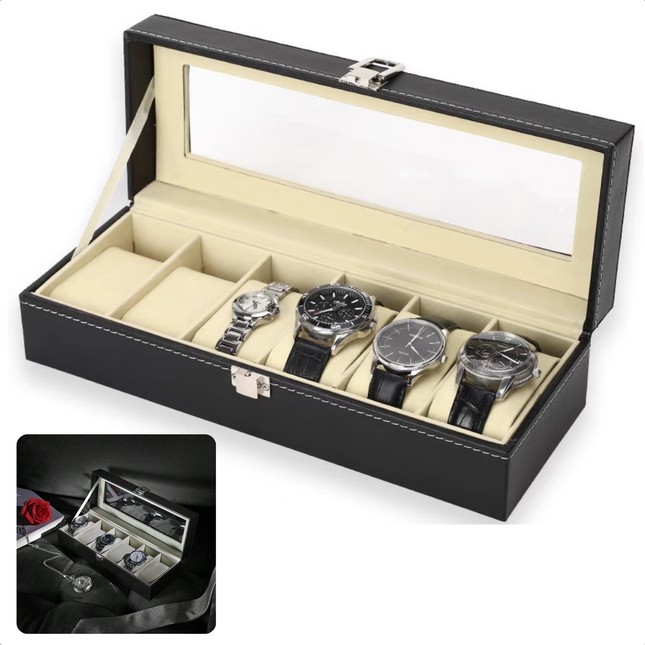 Cheqo® Horlogebox - Horlogedoos - Sieradendoos - Zwart - 6 Vakken - PU Leer - Transparant Venster - 30x11x8 cm