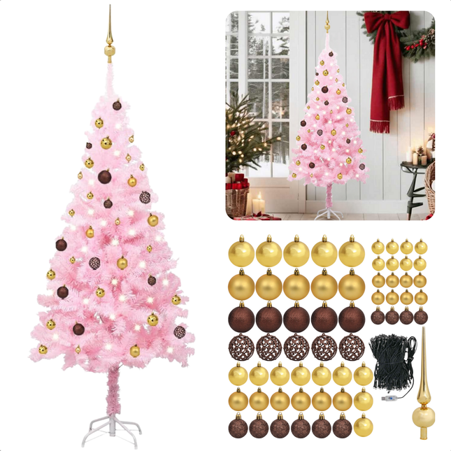 Cheqo® Roze Kerstboom - Kunstkerstboom 180 cm - Met LED-Verlichting en Kerstballen - PVC en Staal