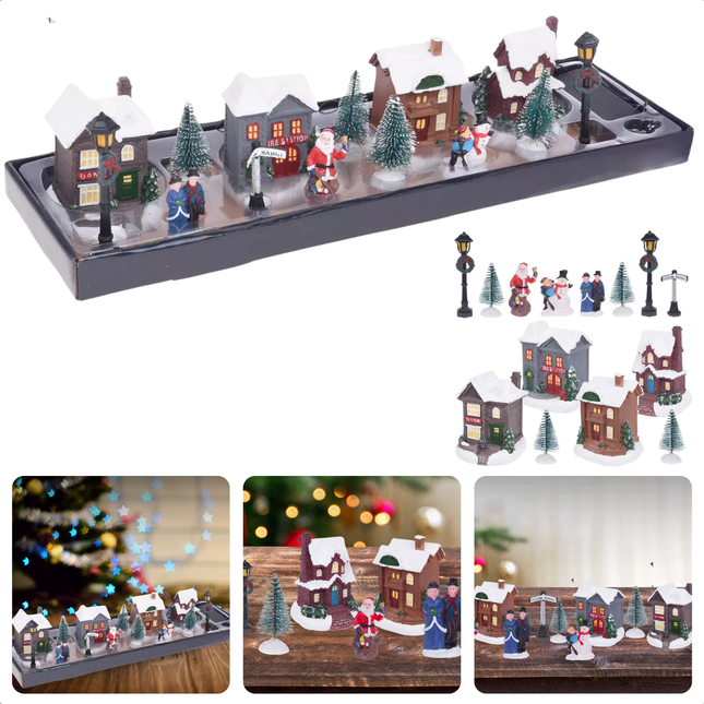 Cheqo® Kerstdorp Verlicht - Kersttafereel - Kerstdecoratie - Kerst Dorp - 14-Delige Set - Polyresin Kersthuisjes - Batterij Aangedreven