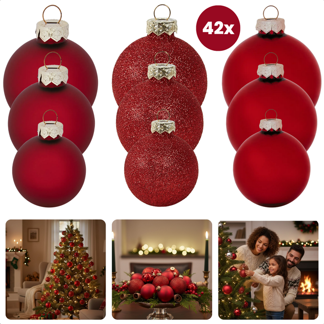 Cheqo® Donkerrode Glazen Kerstballen - Kerstboomversiering Donkerrood - Warme Feestelijke Uitstraling - Glittervariant Kerstballen - Kerstbal Set Van 42 Stuks - Kerstboom Decoreren - Kerstballen Rood - Rode Kerstballen