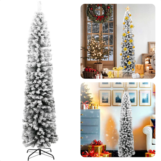 Cheqo® Kunstkerstboom Smal - Smalle Kerstboom - 180 cm - Met Sneeuw - PVC - Binnen en Buiten