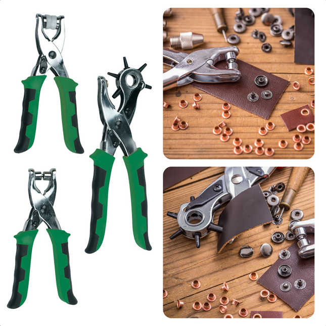 Cheqo® Ogen- en Gatentangenset - 3-delige set - Revolvertang - Drukknopentang - Ogentang - Gaatjestang voor Riem - Perforatietang - Gatenmaker - Ergonomisch en Duurzaam - Leergereedschap leergereedschap