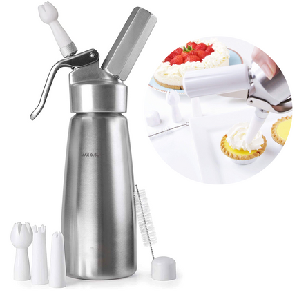 Cheqo Slagroomspuit 0.5L set with aluminum cream whipper, three nozzles, and cleaning brush for gourmet toppings