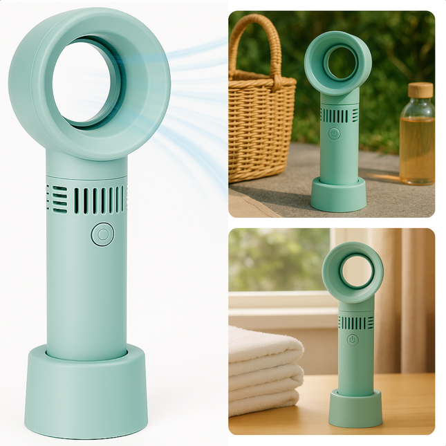 Cheqo® Draagbare Handventilator - Draagbare Ventilator - Bureau Ventilator - Tafelventilator - Waaier - Bladloze Ventilator - Stil en Veilig - USB Oplaadbaar - Compact Ontwerp - Groen