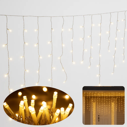 Cheqo® Ijspegel Lichtgordijn - 7.10 Meter - 360 LED's - Extra Warm Wit - Soft Wire - Kerstverlichting Buiten - Energiezuinige LED's - Spatwaterdicht IP44 - Binnen En Buiten - 8 Lichtfuncties - Groene Snoer - Lange En Korte Strengen - 3.6W Verbruik