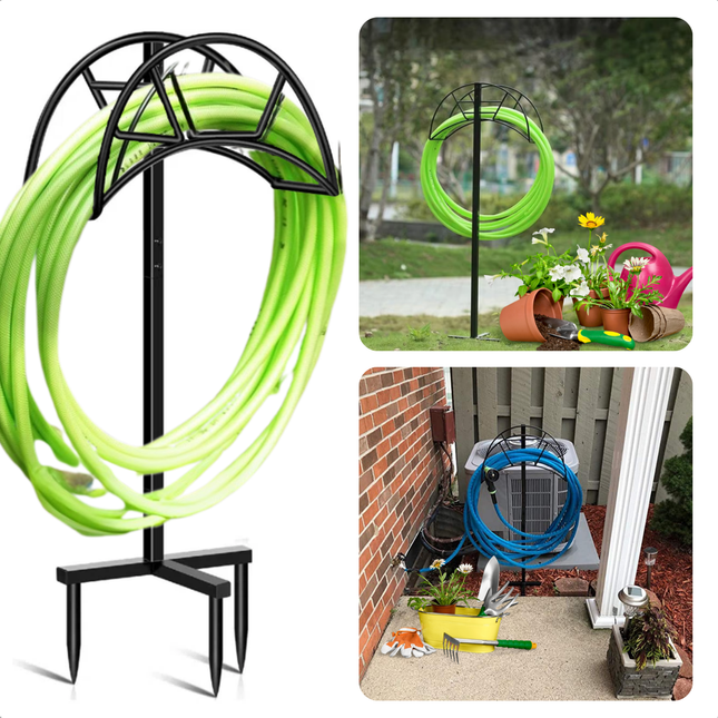 Cheqo® Tuinslanghouder Metaal - Tuinslang Standaard - Slanghouder - Staand met Grondpinnen - 50 Meter Capaciteit - Zwart