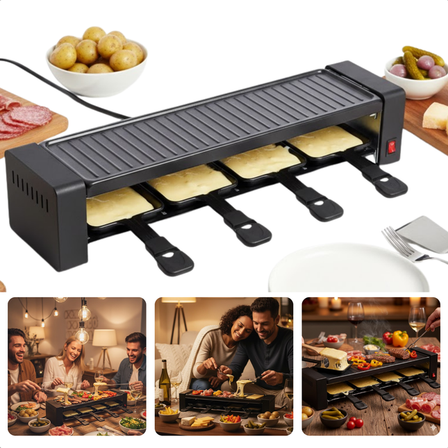 Cheqo® Raclette Grill - Gourmetset - Raclette Gourmet Set met Grillpannetjes en Houten Lepels - Verwijderbare Grillplaat - Indicatielampje - Gourmet En Raclette - Mini-Pannetje - Gourmetten