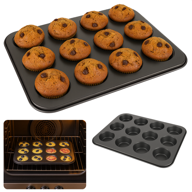 Cheqo® Muffinvorm met Non-Stick Coating - Bakvorm Cupcakes - Cupcakevorm - Ovenbestendig Tot 220 Graden - Voor 12 Muffins - Cupcake Bakvorm - Cupcakes Bakken