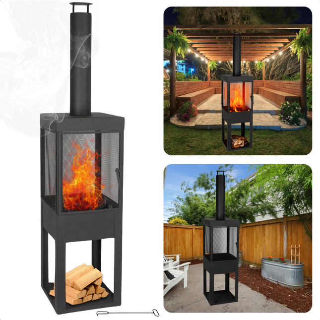 Cheqo® Terrashaard Metaal - Buitenhaard met Schoorsteen - Terrashaard - Terraskachel Modern Design - Vuurkorf Tuinhaard - Houtkachel - 195cm