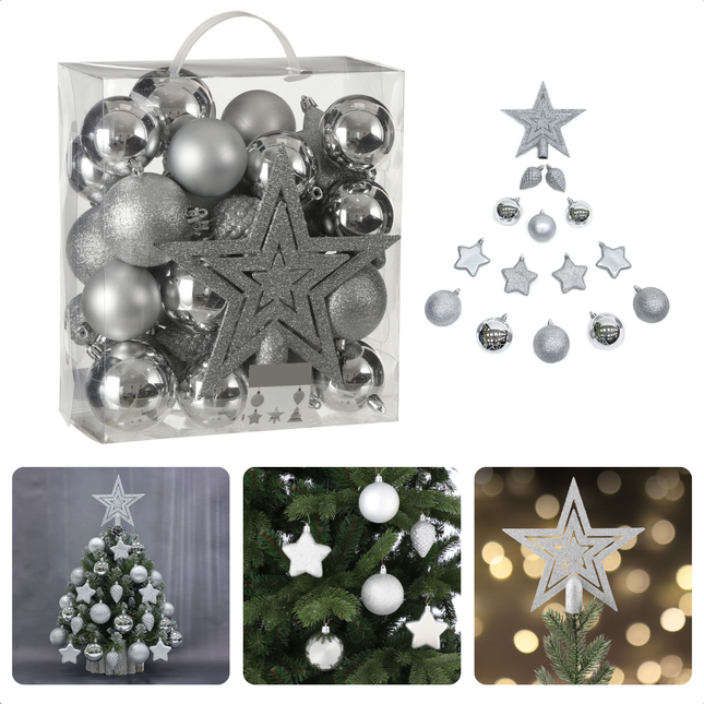 Cheqo® Kerstballen Set - Kerstbal Set - Kerstboom Versiering Set - Onbreekbare Zilveren Kunststof Ornamenten - 40 Stuks