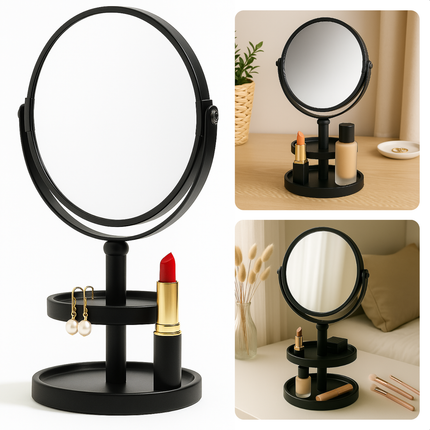 Cheqo® Make-Up Spiegel met Oganizer - Scheer Spiegel - Vergroot Spiegel - Makeup Spiegel met Houder - Zwart - Dubbelzijdig - Metaal