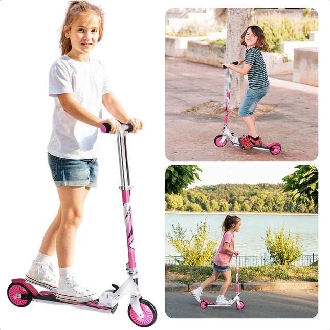 Cheqo® Kinderstep Roze - Verstelbare Hoogte - Met Voetrem - PP Wielen - Aluminium Stuur - Draagvermogen van 50 KG - Step - Jongens/Meisjes - Veilig en Stabiel - Cadeau Voor Kinderen - Speelplezier - Speelgoed - Verhoogd Coördinatie & Balans Kinderstepjes