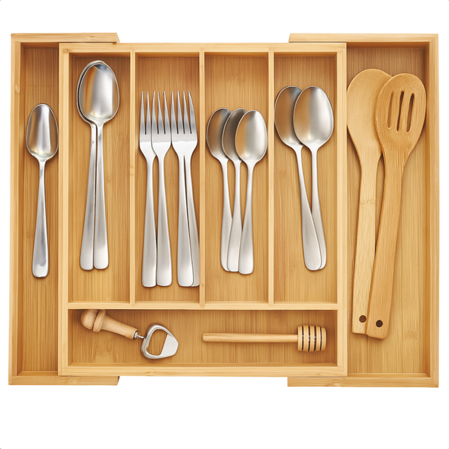 Cheqo® Uitschuifbare Besteklade Bamboe – Verstelbare Bestek Organizer – Ladeverdeler Keuken – Duurzaam & Milieuvriendelijk – Meerdere Compartimenten – Natuurlijke Uitstraling – Eenvoudig Schoon te Maken – Stijlvolle Keukenlade Organizer