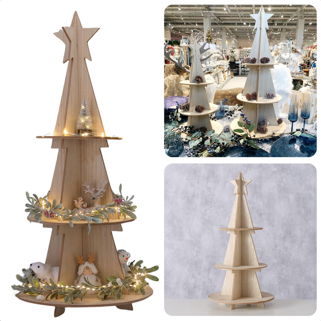 Cheqo® XL Kerst Etagere - Hout - Kerstdecoratie - Kerstboom Etagere - Kerst Serveerplank - Serveertoren - Serveerschaal - Kerstontbijt - Kerstdiner