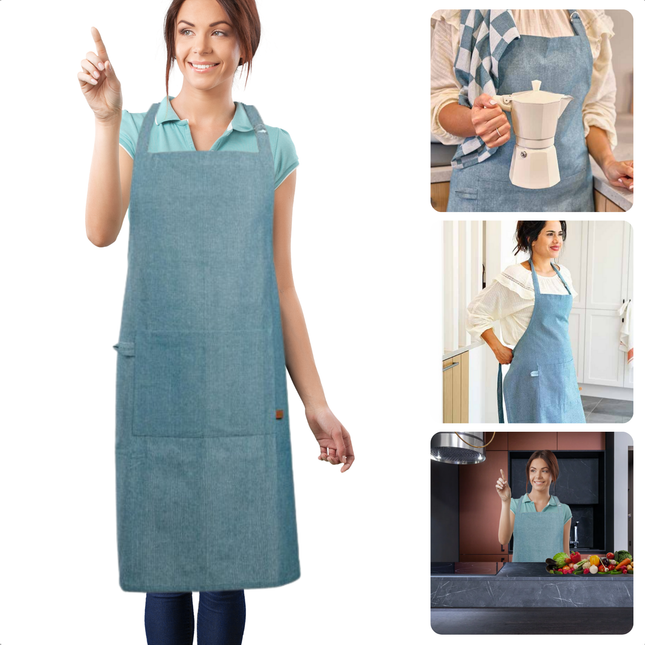 Cheqo® Blauw Katoen Keukenschort - Kookschort - Schort - Verstelbaar Unisex - Met Zakken - Duurzaam Koken