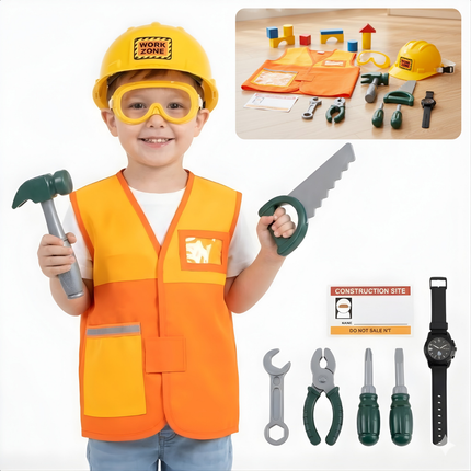 Cheqo® Bouwvakker Verkleedset - Bouwvakker Verkleedkostuum Kind - Bouwvakker Kostuum Kind - Bouwvakker Verkleedkleding - Bouwvakker Outfit Kind - Bouwvakker Verkleedset Helm Gereedschap
