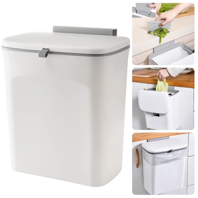 Wit keuken afvalbakje met schuifdeksel, multifunctioneel voor aanrecht en wand, 9 liter capaciteit