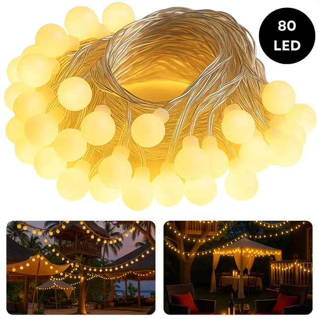 Cheqo® Feestverlichting - Warm Wit LED - 80 LED Lampjes - 16 Meter Lichtsnoer - Transparant Snoer - IP44 Waterdicht - Binnen En Buiten - Partytent Verlichting - Fairy Lights - LED Bolletjes - Lichtslinger - Feest Verlichting