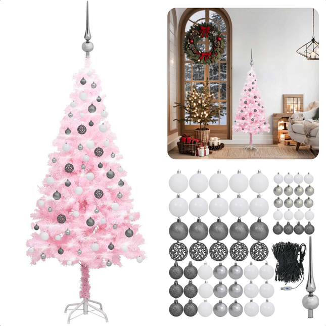 Cheqo® Roze Kerstboom - Kunstkerstboom 120 cm - Met LED-Verlichting en Kerstballen - PVC - Inclusief Standaard