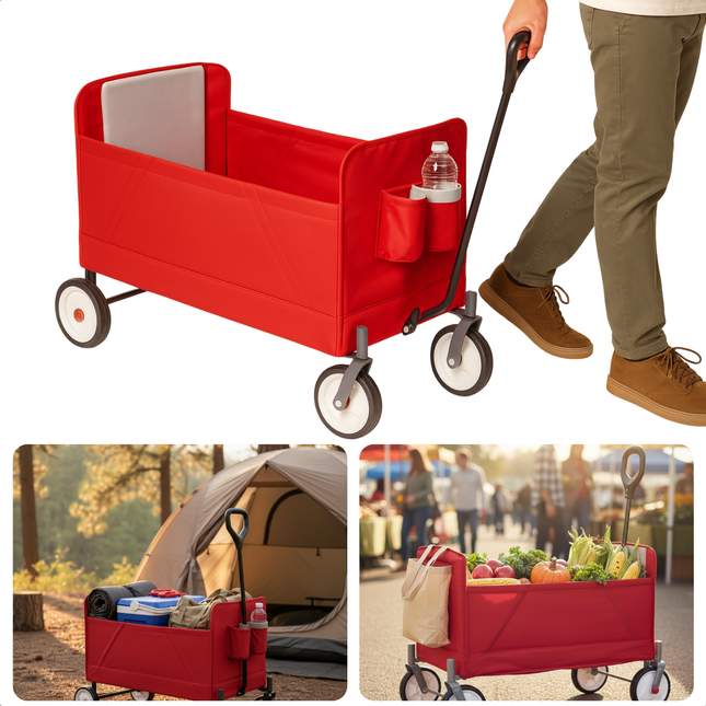 Cheqo® Opvouwbare Bolderkar - Bolderwagen - Rood - Opbergvak - Plat Opvouwbaar - Gemakkelijk Op Te Vouwen - 2 Bekerhouders - Transportkar - Eenvoudig Op Te Bergen - Strandkar