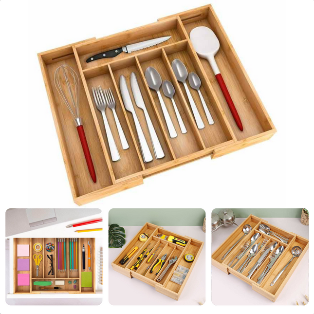Cheqo® Bamboe Besteklade - Uitschuifbaar - 31-48 x 37 x 5.3 cm - 5-7 Vakken - Bestek Organizer - Bestekbak - Bestekcassette - Lange Levensduur - Ladeverdeler Bestekbakken