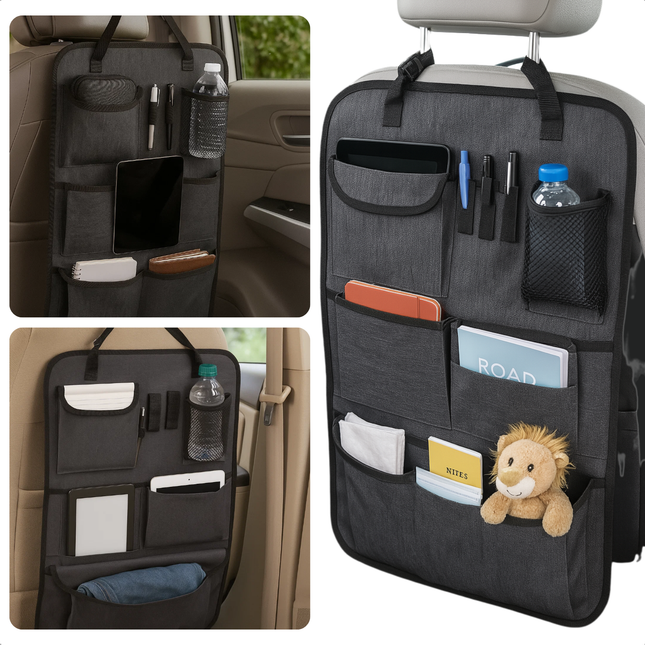 Cheqo® Autostoel Organizer Zwart – Auto Organizer Achterbank met Verstelbare Banden – Stoel Organizer Auto voor Kinderen & Volwassenen – Polyester Auto Opbergtas – Handige Auto Accessoires – Extra Opbergruimte Auto Interieur
