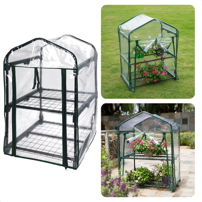 Cheqo® Kweekkas - 2 verdiepingen - 50 x 45 x 80 cm - Voor Planten - Metalen Frame - Transparante PVC Hoes - Roldeur met Rits - Eenvoudig Op te Rollen Hoes - Broeikas - Kas - Serre - Muurkas - Tuinkas - Waterbestendig Tuinkassen