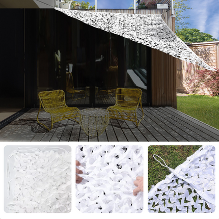Cheqo® Schaduwdoek Camouflage - Driehoek - 360x360x360 cm - Wit - Waterdoorlatend en Windbestendig - Inclusief Scheerlijnenset - 210D Polyester - Draagzak inbegrepen - Schaduwnet - Schaduwdoeken - Zonwering - Luchtdoorlatend