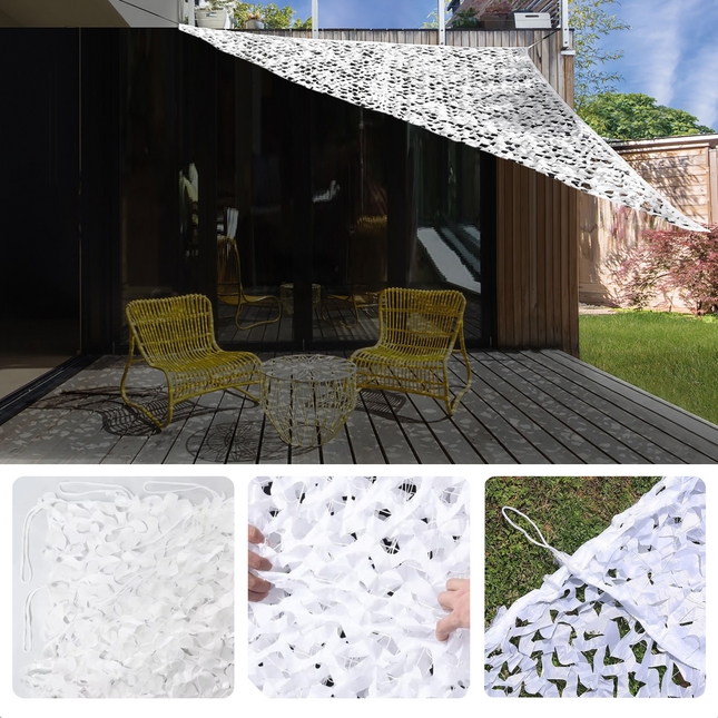 Cheqo® Schaduwdoek Camouflage - Driehoek - 360x360x360 cm - Wit - Waterdoorlatend en Windbestendig - Inclusief Scheerlijnenset - 210D Polyester - Draagzak inbegrepen - Schaduwnet - Schaduwdoeken - Zonwering - Luchtdoorlatend