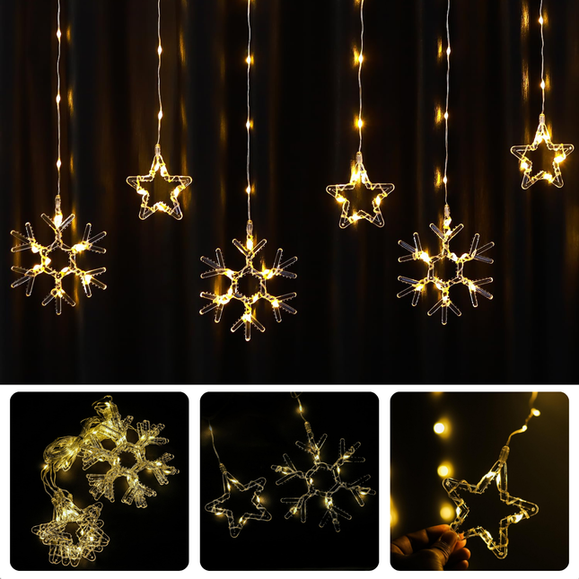 Cheqo® Kerstverlichting Lichtgordijn - Sterren En Sneeuwvlokken - 120x120 cm - Op Batterijen - Warm Wit Licht - 120 Micro LED - Automatische Timer - 8 Lichtfuncties - IP44 - Buiten En Binnen Gebruik - Kerstdecoratie - Lichtnet