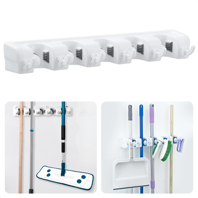 Cheqo® Bezemhouder Wandmontage - 5 Gereedschapshouders - ABS Bezem Ophangsysteem - Voor Tuin en Schoonmaak