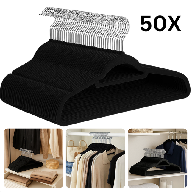 Cheqo® Anti-Slip Kledinghangers - Kledinghangers Met Broeklat - Zwarte Kledinghangers - 360 Graden Draaibare Haak - Ruimtebesparende Hangers - Set Van 50 Stuks - Ultradunne Hangers - Flexibele Kleerhangers - Verchroomde Haak
