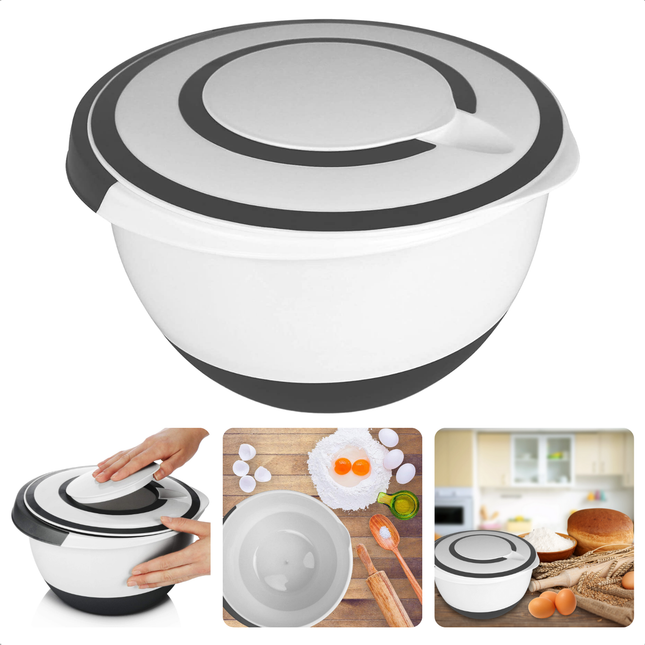 Cheqo® Grote Mengkom met Deksel - 5L - Beslagkom - Mixkom - Mengkommen - Handige Keukenkom met Deksel - Wit/Zwart Kunststof