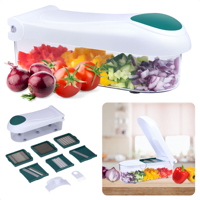 Cheqo® Mandoline Groentesnijder - Rasp - Spiraalsnijder - Uiensnijder - Multifunctionele Keukenhulp - Inclusief Opvangbak - RVS Snijbladen