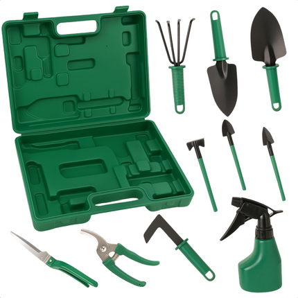 Cheqo® Tuingereedschap Set - Tuingereedschap Set - Snoeischaar- Tuinset - Snoeischaar - Tuinieren - Complete 10-Delige Set met Opbergkoffer - Inclusief Plantenspuit