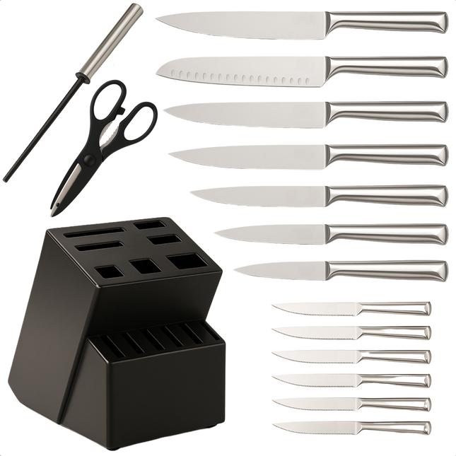 Cheqo® RVS Messenset met Blok - 15-delig - Keukenmessen met Ergonomische Handgrepen - Koksmes - Broodmes - Modern Messenblok Zwart