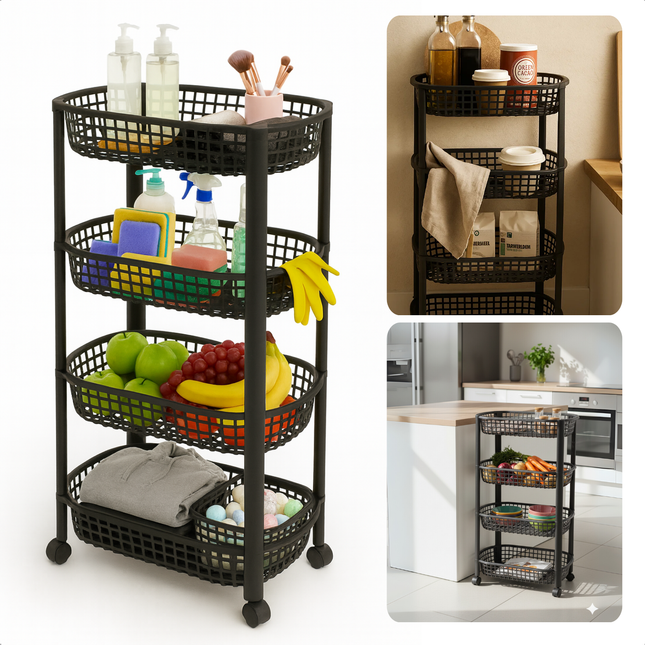 Cheqo® Keukentrolley Op Wieltjes - 4 Lagen - Opberg Trolley - Kunststof Trolley - Smalle Rolwagen - Keuken Organizer - Opberg Manden - Badkamer Organizer - Keuken Opbergrek