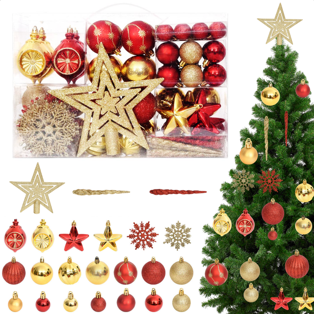 Cheqo® 108-delige Kerstballenset - Kerstballen Set - Onbreekbare Kerstdecoratie - Goud en Rood - Kunststof Ornamenten