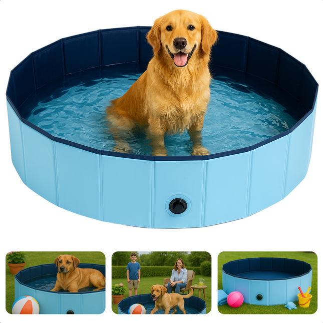 Cheqo® Honden Zwembad - Hondenzwembad Opvouwbaar - Opzetzwembad Huisdier - Hondenbad - Dierenbad - Bad Voor Middelgrote Honden - Blauw