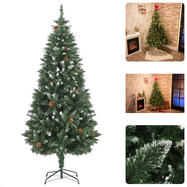 Cheqo® Kunstkerstboom 180 cm - Kerstboom met Sneeuw & Dennenappels - Metalen Voet - 708 Takken