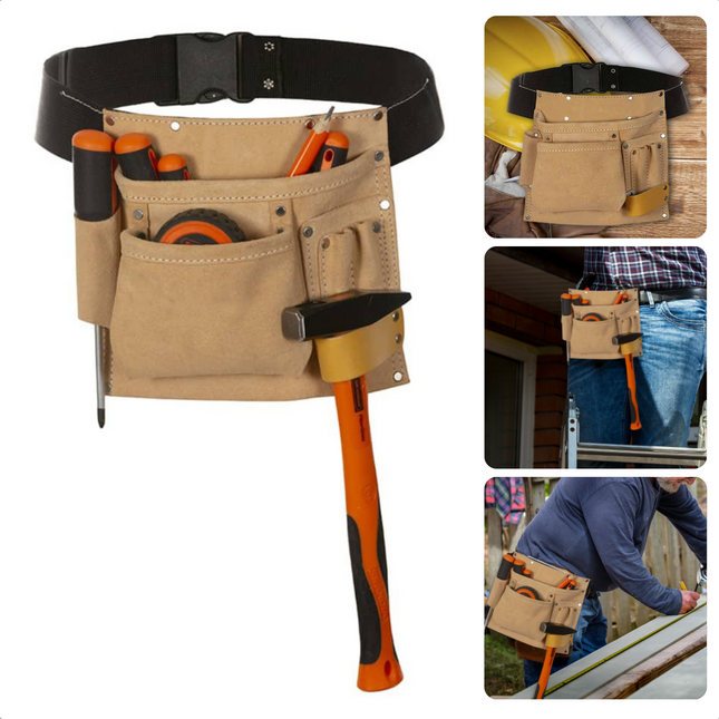 Cheqo® Gereedschapriem van Leer - Gereedschapsgordel - Ruimte voor Gereedschap - Verstelbare Riem - Snelsluitgesp - Max 135cm Lengte - 1 Holster - Hamerhouder - Opbergvakken Gereedschapsgordels